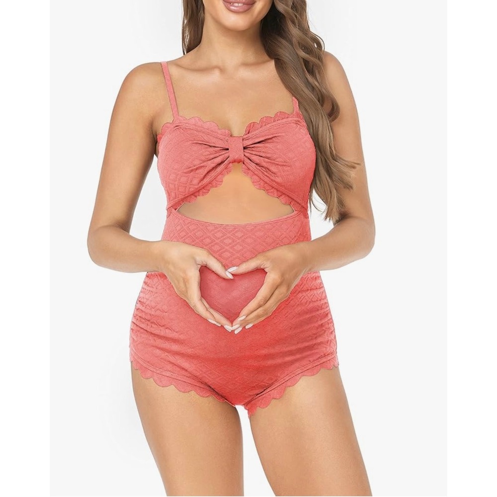 NEW East Elegant Maternity Small Swimsuit‎ One Piece Bow Cutout Coral Swimwear - Picture 2 of 10